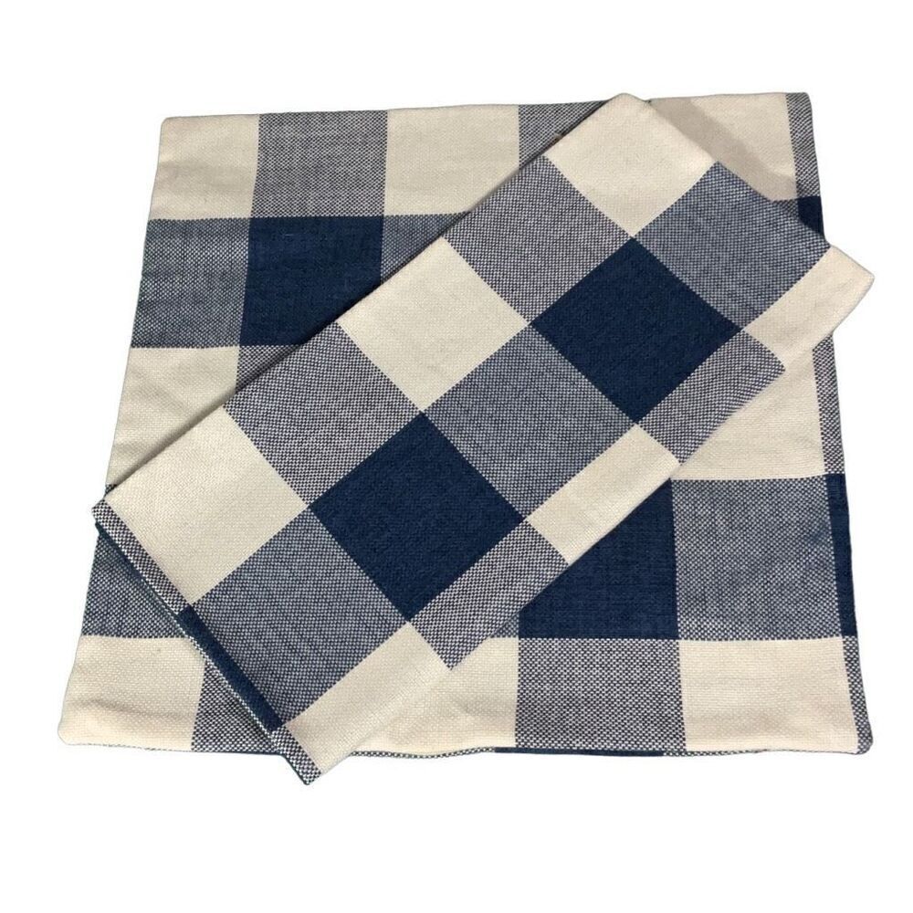 Blue White Woven Checker Square Pillow Cases 18x17 Set of 2